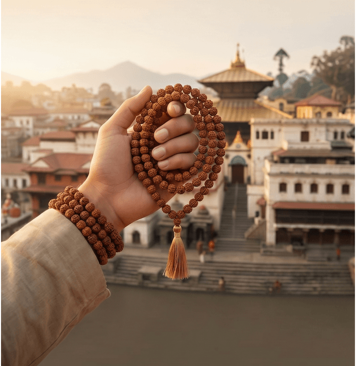 Hand holding a Rudraksha mala with a temple complex in the background